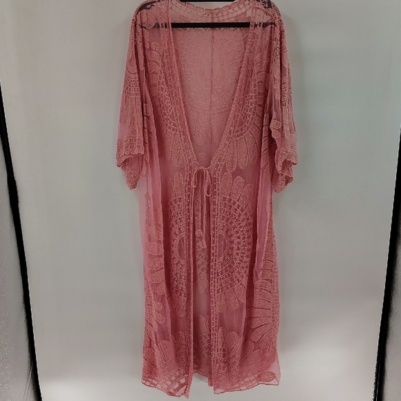 CHOA Pink Dark Rose Lace Kimono Duster Cover Up w Front Tie Large To X-large - Picture 1 of 8
